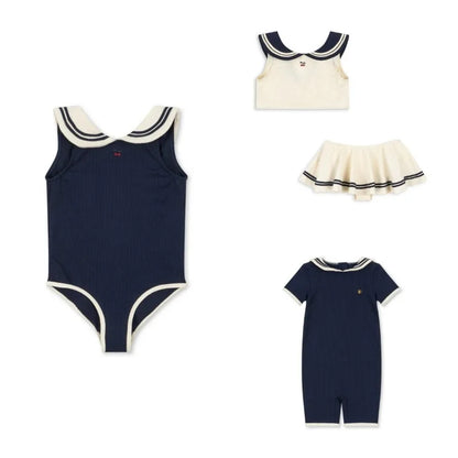 Blødt unisex baby badetøj sæt - klassisk sømand-stil heldragt, top, nederdel og romper, nylon, sommerstranddage
