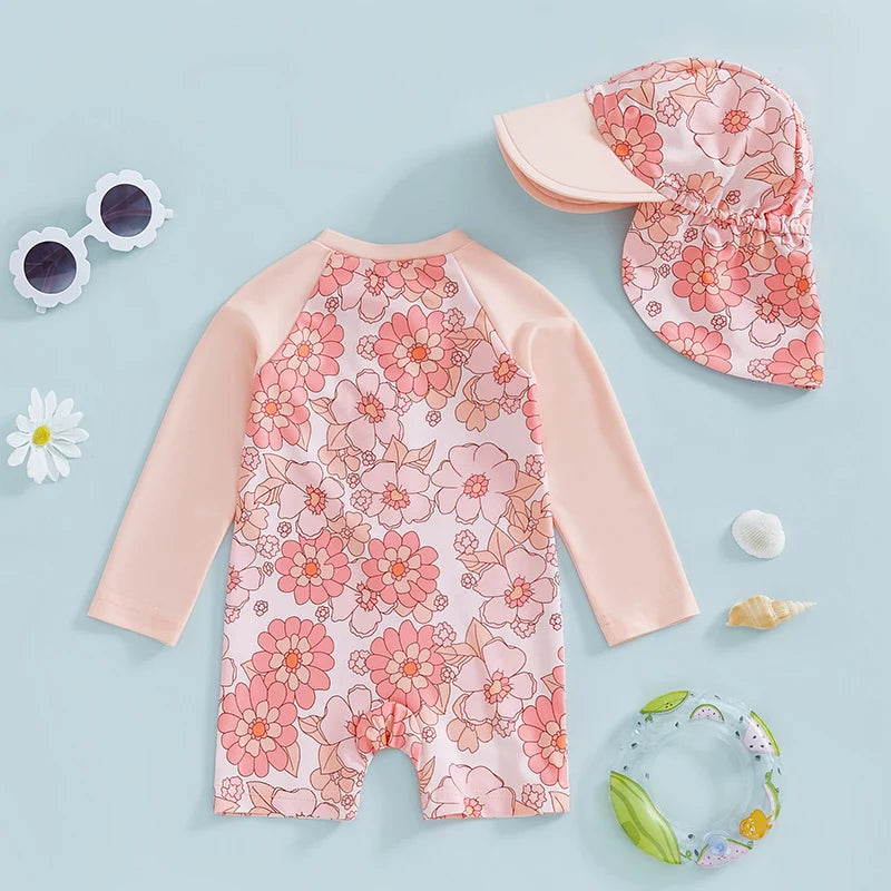 Let holdbar toddler pigebadedragt med rashguard - langærmet blomster flamingo print, polyester elastan, strandtøj