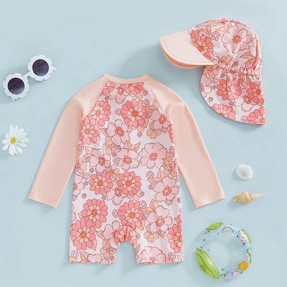 Let holdbar toddler pigebadedragt med rashguard - langærmet blomster flamingo print, polyester elastan, strandtøj