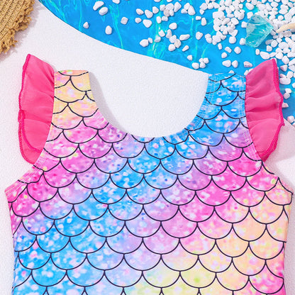 Quick-Dry Durable Girls' One-Piece Swimsuit – Mermaid-Scale Print, Ruffle Sleeves, Tulle, Polyester Elastane, Beach
