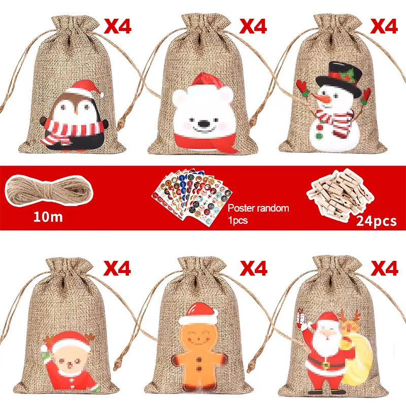 Christmas Advent Calendar 24Pcs Gift Bags Set - Durable Cloth with Customizable Number Stickers for Holiday Decor