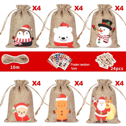 Christmas Advent Calendar 24Pcs Gift Bags Set - Durable Cloth with Customizable Number Stickers for Holiday Decor