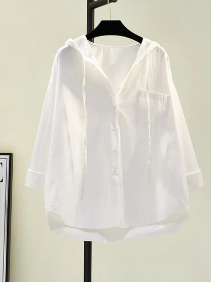 White Women's Blouse in Soft Cotton with Hood, Casual Relaxed Fit for Everyday Comfort and Style-2