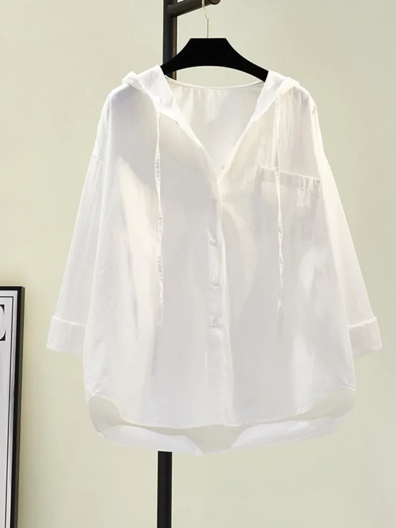 Variant image for White Women's Blouse in Soft Cotton with Hood, Casual Relaxed Fit for Everyday Comfort and Style-6