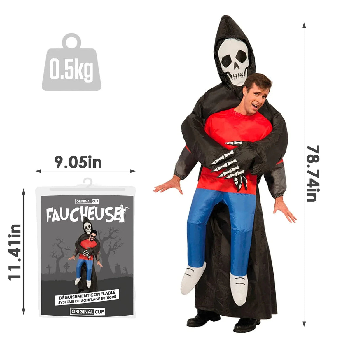 Opblaasbaar zwart gewaad met spookmasker, kostuumaccessoire voor volwassenen, Halloween, carnaval en gemaskerde cosplayfeesten 2026