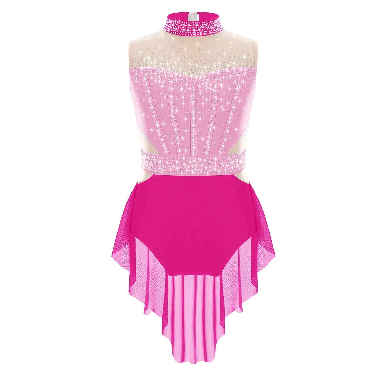 Stretchy Flattering Girls' Dance Leotard - Sleeveless Rhinestone Mesh Top, Polyester, Nylon, Elastane, For Competition