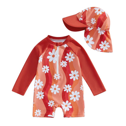 Let holdbar toddler pigebadedragt med rashguard - langærmet blomster flamingo print, polyester elastan, strandtøj
