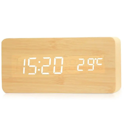 Digital Alarm Clock Wooden LED Table Clock with Temperature for Bedroom Office Decor