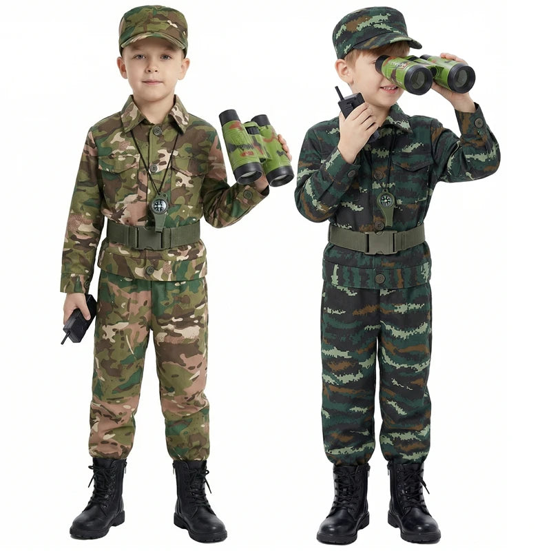 Kostumesæt til børnesoldat med camouflage, pistol, kompas og fløjte til Halloween 2026