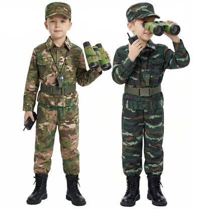 Kostumesæt til børnesoldat med camouflage, pistol, kompas og fløjte til Halloween 2026