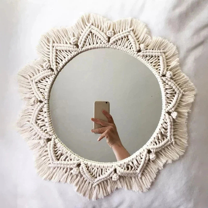 Set di Specchi Macramè con Frangia in Cotone Specchi da Parete Boho Appendibili Autunno 2025 Decorazione Accogliente per Cameretta Regalo per la Casa