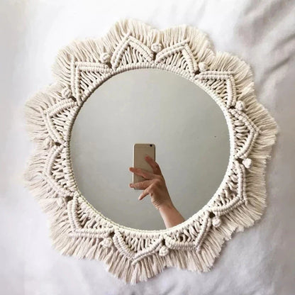 Set di Specchi Macramè con Frangia in Cotone Specchi da Parete Boho Appendibili Autunno 2025 Decorazione Accogliente per Cameretta Regalo per la Casa