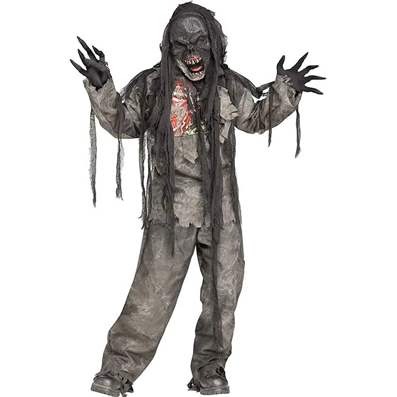 Verbrand zombie-verkleedkostuumset voor volwassenen en kinderen, met masker en handschoenen, Halloween 2026
