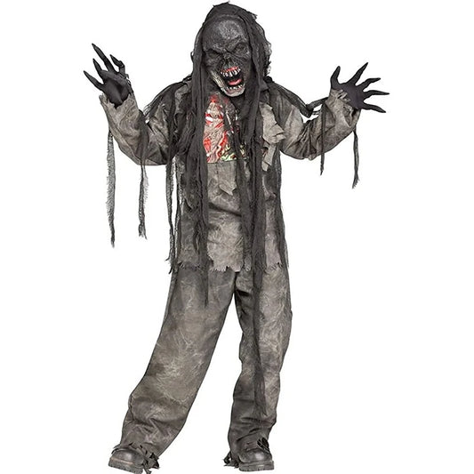 Verbrand zombie-verkleedkostuumset voor volwassenen en kinderen, met masker en handschoenen, Halloween 2026