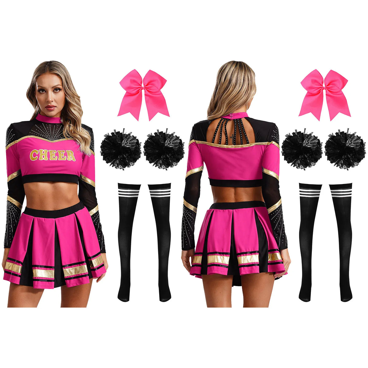 Cosplaykostuum voor cheerleaderoptredens voor vrouwen, crop-top met lange mouwen en geplooide rok met pompons 2026