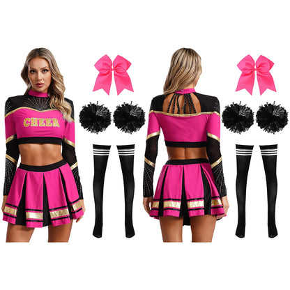 Cosplaykostuum voor cheerleaderoptredens voor vrouwen, crop-top met lange mouwen en geplooide rok met pompons 2026
