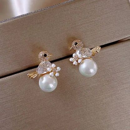 Crystal Flower Earrings Pearl Drop Gold Tone – Korean Style Party Jewelry, Fall 2026 Gift Idea