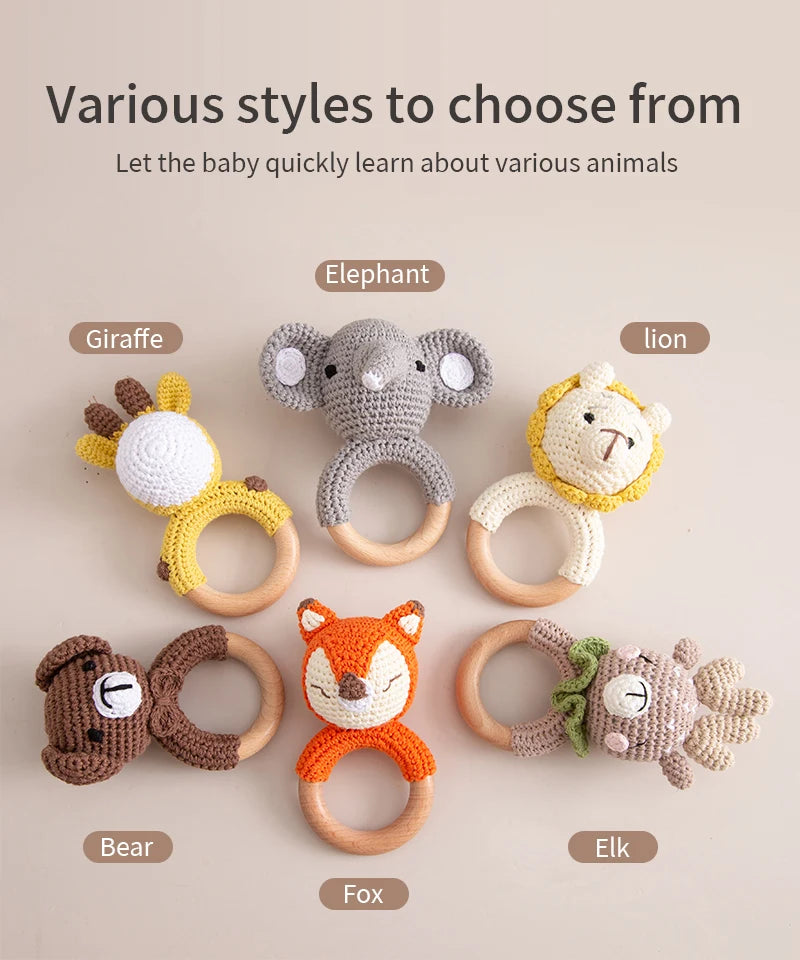 Wooden Crochet Animal Teether Rattle Newborn Sensory Toys