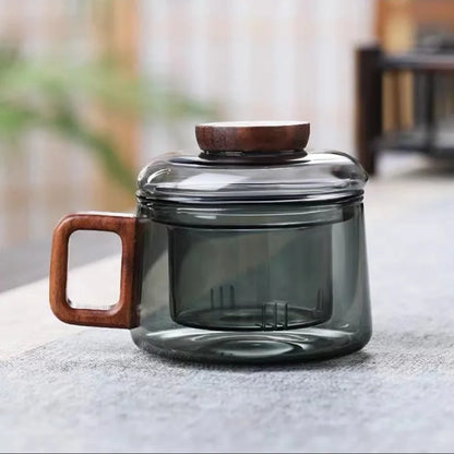 200ml Tea Infuser Cup Heat Resistant Glass Mug Wood Handle