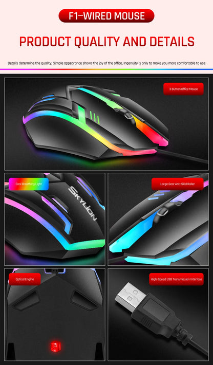 Mouse da gioco cablato RGB 3 pulsanti USB precisione ufficio