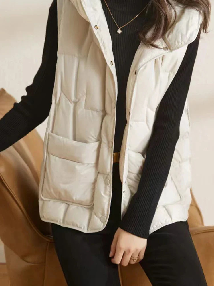 Lightweight Women’s Hooded Down Vest - Quilted Midlength