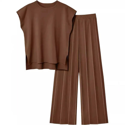Soft Relaxed Women’s Two-Piece Pant Set – Sleeveless Round-Neck Knit Top, High-Waist Wide-Leg Trousers For Summer