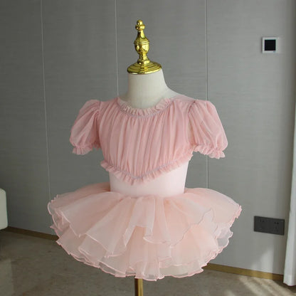 Set body leggero da balletto per ragazze - top con maniche a sbuffo, gonna tutu in tulle, poliestere, per lezione di danza