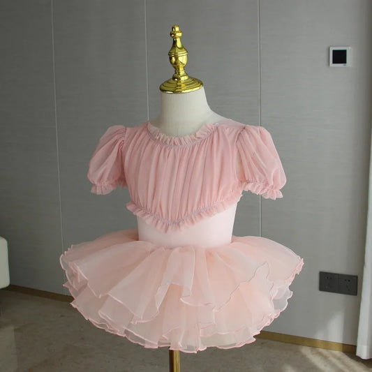 Lightweight girls ballet leotard set - puff-sleeve top, tulle tutu skirt, polyester, for dance class