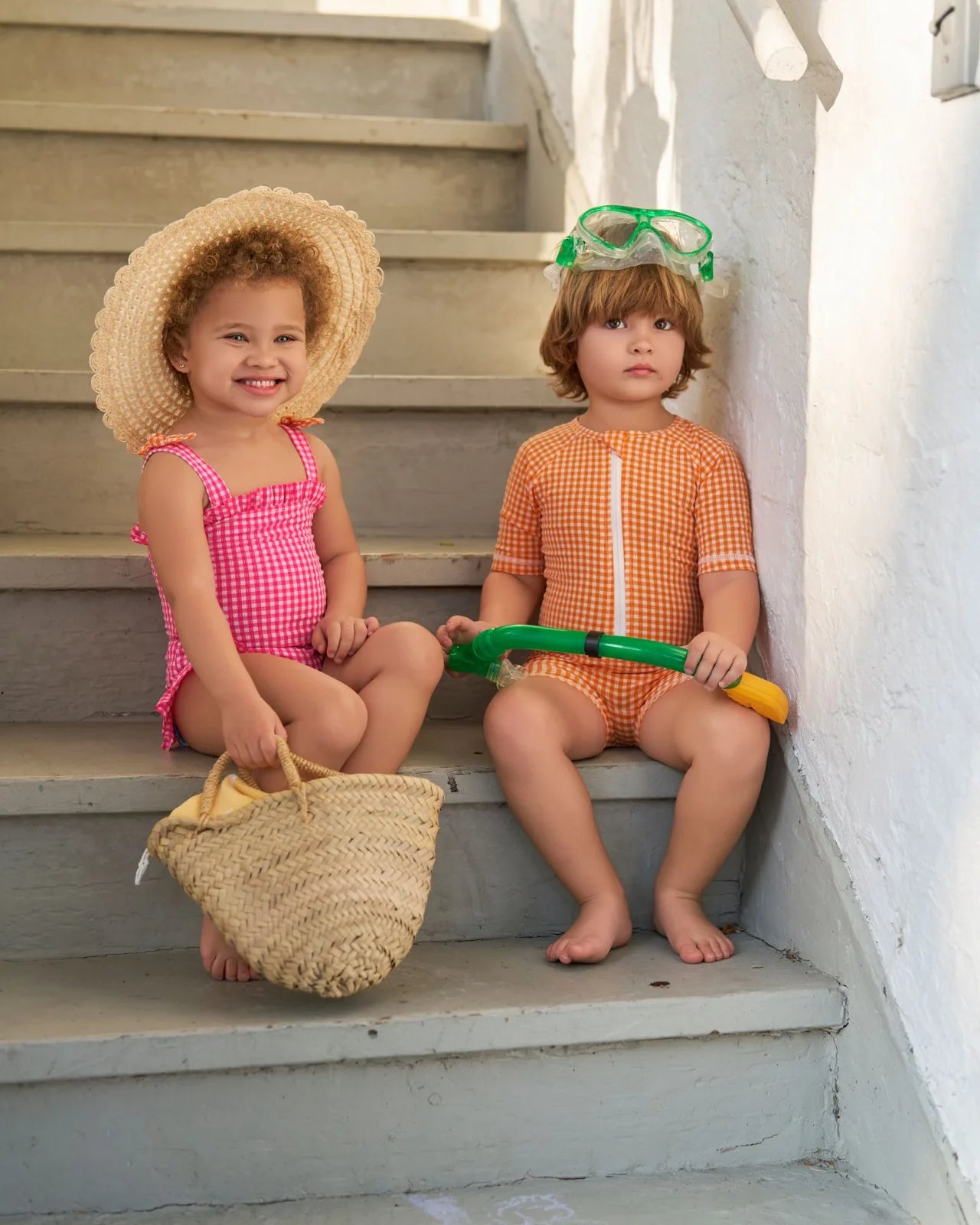 Quick-Dry Unisex Kids Swimsuit - One-Piece Gingham Plaid, Polyester, For Summer Vacation
