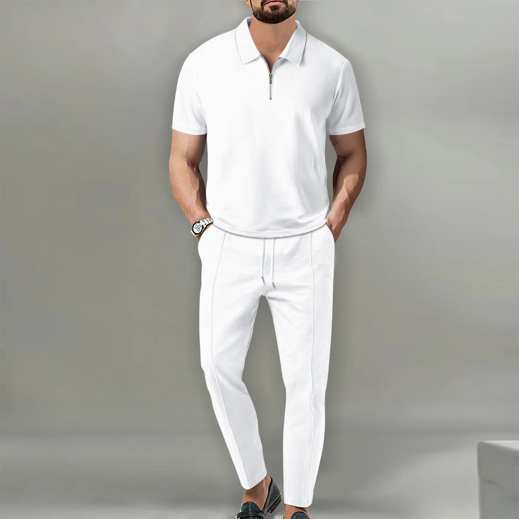 Men's Polo Shirts Set - Casual Chic Breathable Polo and Adjustable Pants Ensemble for Comfort and Style-4