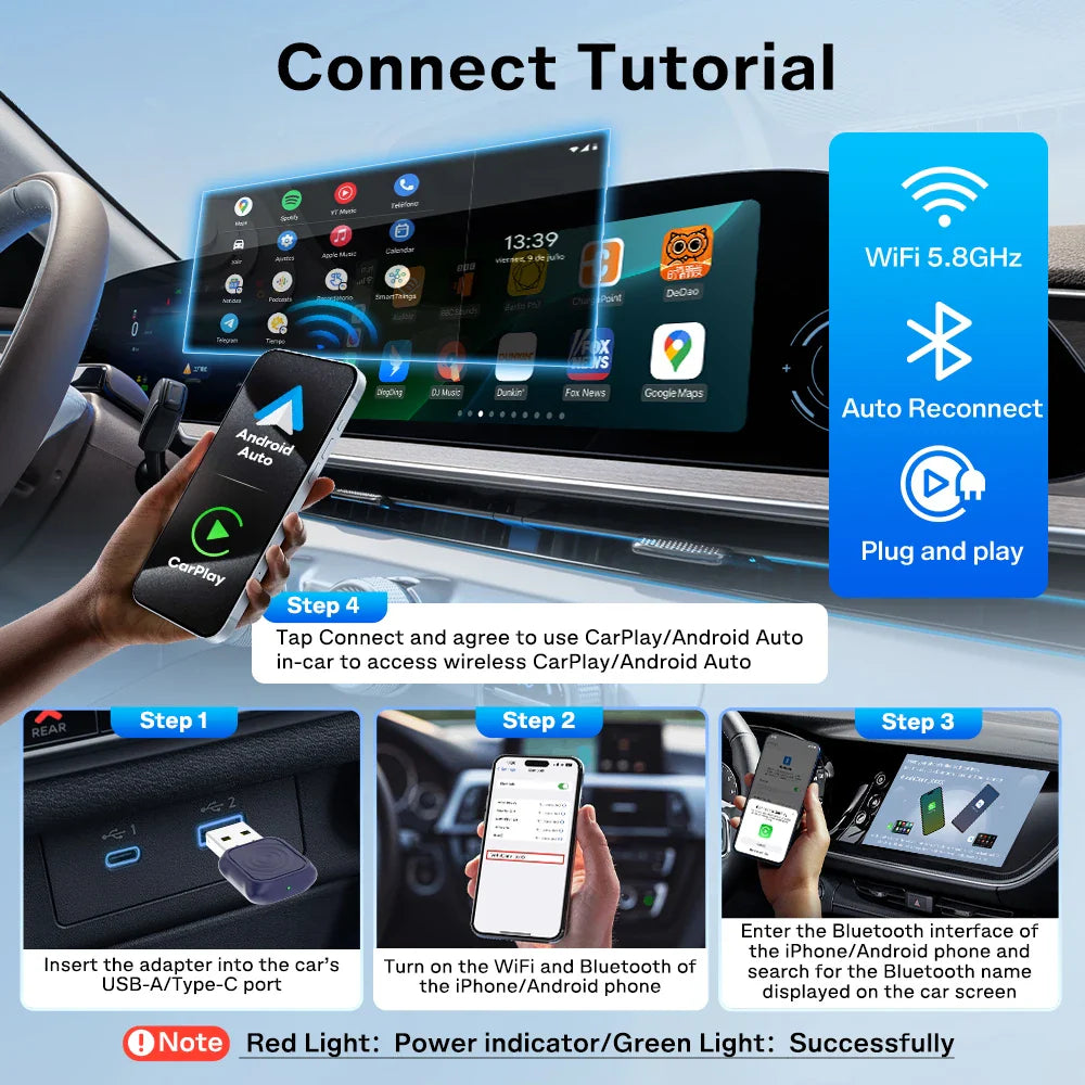 Wireless CarPlay Android Auto Adapter Mini 2-In-1 Plug And Play 5.8GHz WiFi Auto Connect OTA Upgrade Fall 2025 Gift