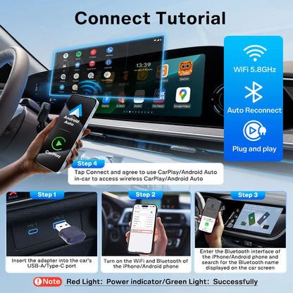 Wireless CarPlay Android Auto Adapter Mini 2-In-1 Plug And Play 5.8GHz WiFi Auto Connect OTA Upgrade Fall 2025 Gift