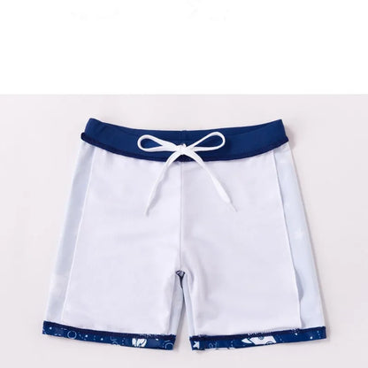 Costume da bagno due pezzi leggero e resistente per ragazzi - top rash guard, pantaloncini con stampa squalo, set con cappello