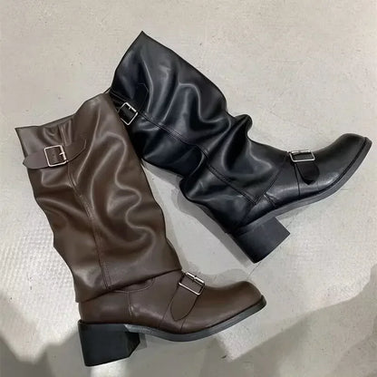 Sturdy Women’s Knee-High Platform Boots - Leather For Fall