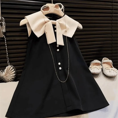 Soft and flattering girls' knee-length dress - sleeveless, bow-collar, polyester, birthday party