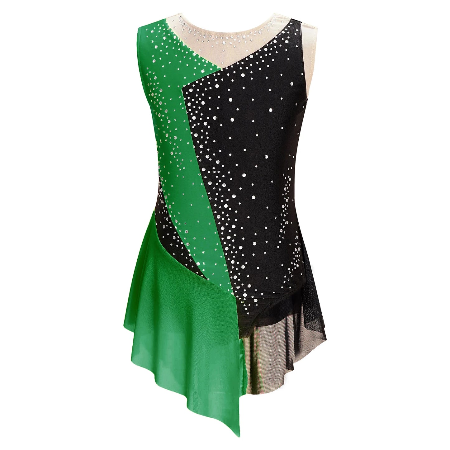 Stretchy Flattering Girls' Dance Leotard - Sleeveless Rhinestone Mesh Top, Polyester, Nylon, Elastane, For Competition