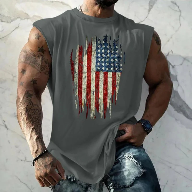 Breathable Men's Tank Top - Round-Neck, Sleeveless, 3D-Printed American Flag Heart Graphic, Casual Summer Wear