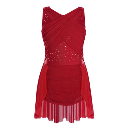 Lightweight Girls' Leotard - Rhinestone Embellished, Mesh Skirt, Polyester/Nylon/Elastane, For Ballet, Gymnastics