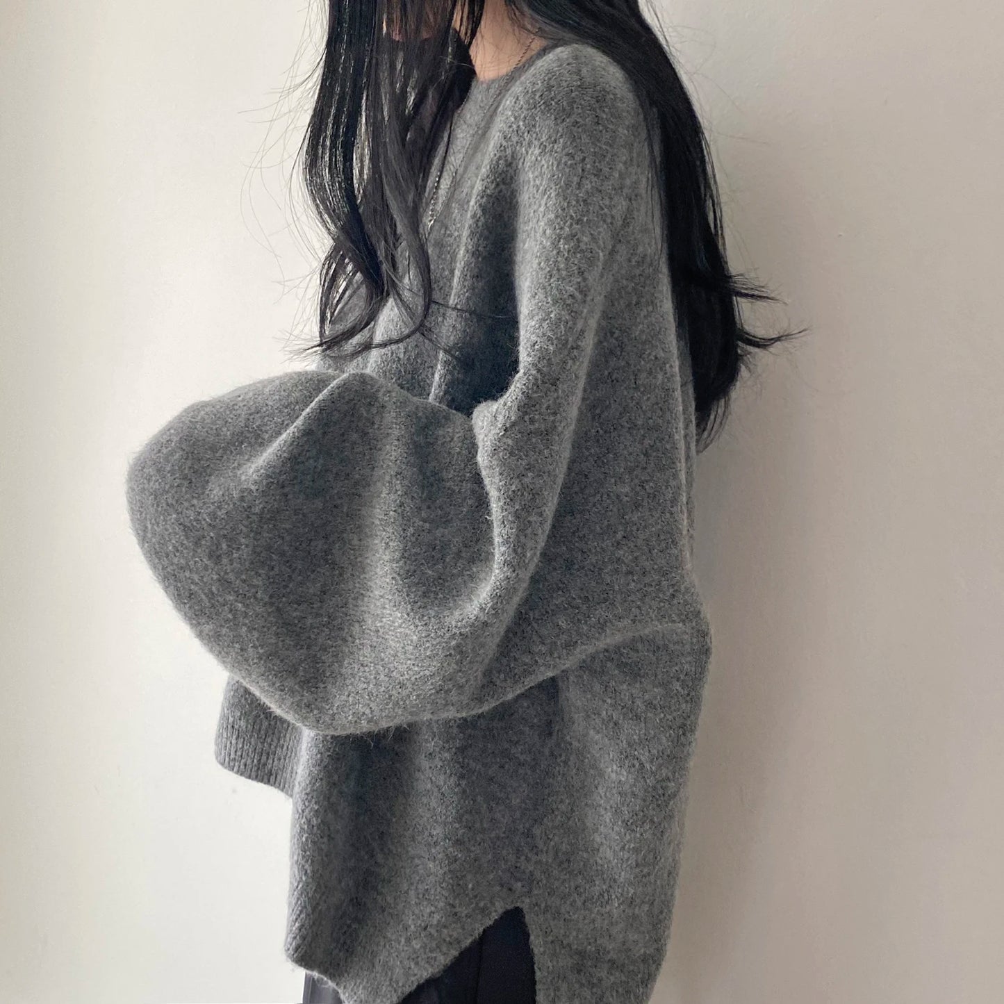Oversized Cozy Women's Pullover - O Neck, Knit, Office Wear