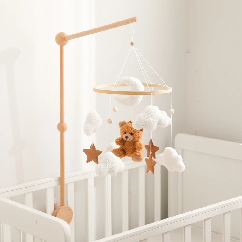 Wooden Crib Mobile Felt Bear Musical Newborn Sensory Toys