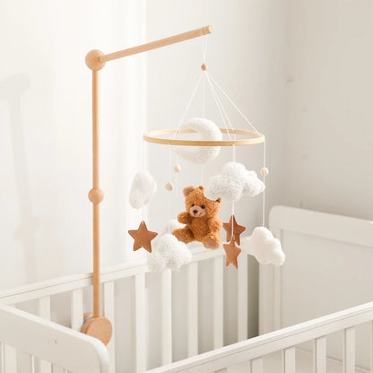 Wooden Crib Mobile Felt Bear Musical Newborn Sensory Toys