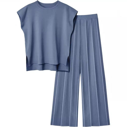 Soft Relaxed Women’s Two-Piece Pant Set – Sleeveless Round-Neck Knit Top, High-Waist Wide-Leg Trousers For Summer