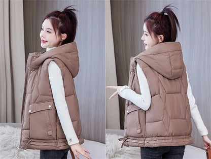 Warm Cozy Women Puffer Vest - Hooded Midlength, Winter