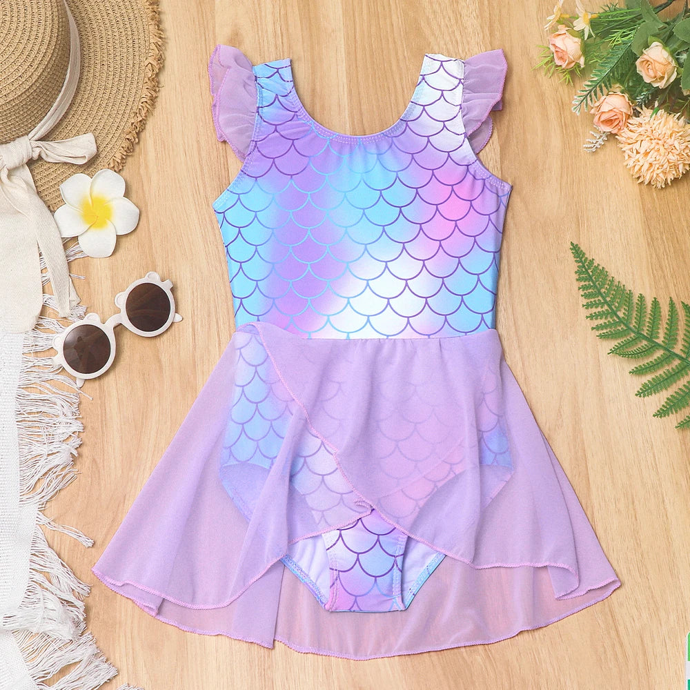 Quick-Dry Durable Girls' One-Piece Swimsuit – Mermaid-Scale Print, Ruffle Sleeves, Tulle, Polyester Elastane, Beach