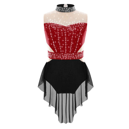 Stretchy Flattering Girls' Dance Leotard - Sleeveless Rhinestone Mesh Top, Polyester, Nylon, Elastane, For Competition