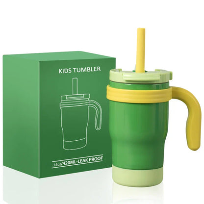 Botella Térmica para Niños 420ML Vaso Aislado de Acero Inoxidable con Asa y Pajilla, Regalo de Navidad 2025