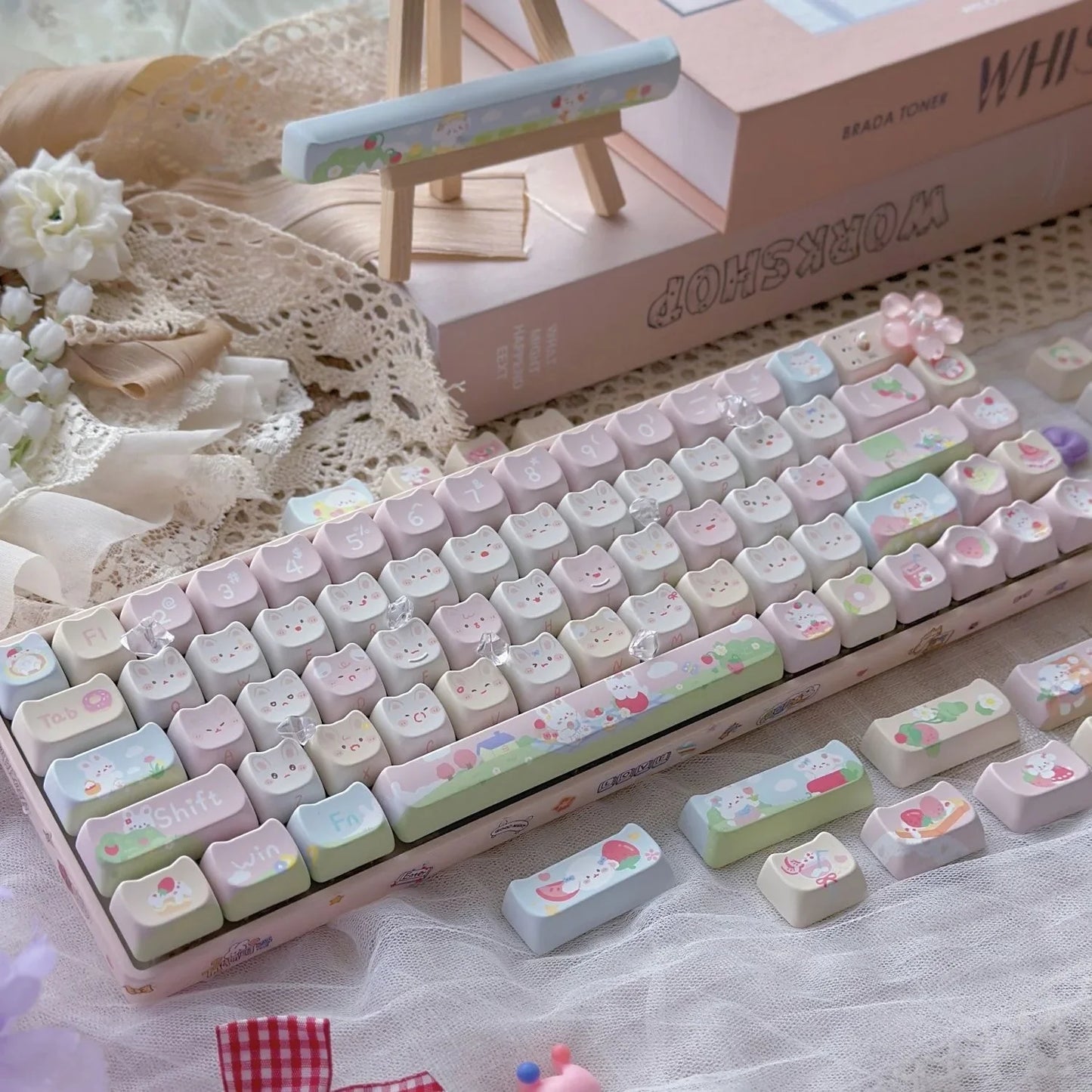 Keycaps PBT Kat Keycap Sæt Alice Layout 2.25U 2.75U Pastel Mekanisk Tastatur TikTok Viral Efterår 2025 Sød Skrivebords Gave