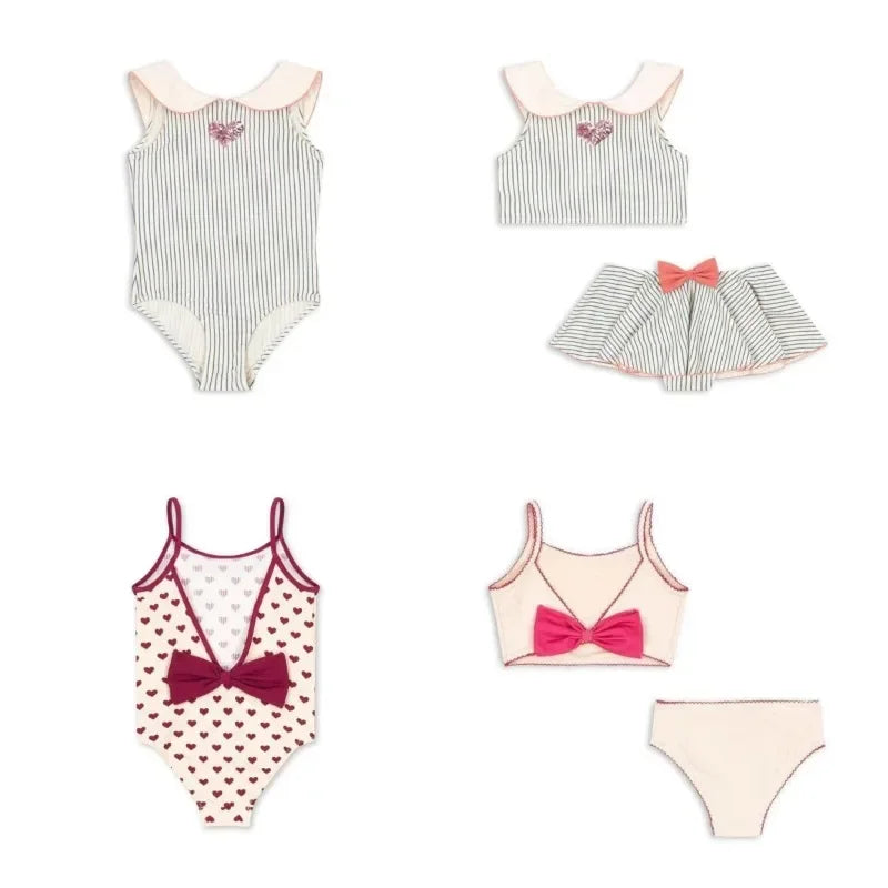 Lightweight girls' swimsuit - stripe long-sleeve, bow accent, nylon, for summer beach days