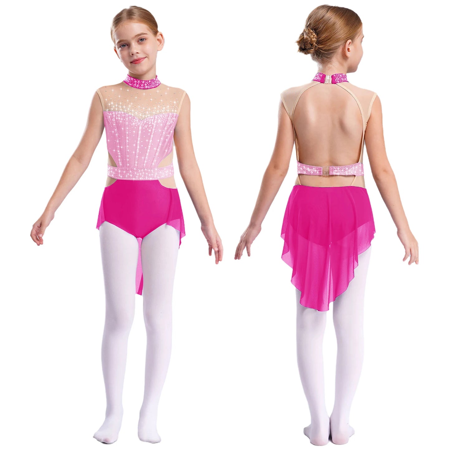 Stretchy girls' leotard - rhinestone mesh yoke, sleeveless, polyester, nylon, elastane, for lyrical dance performance