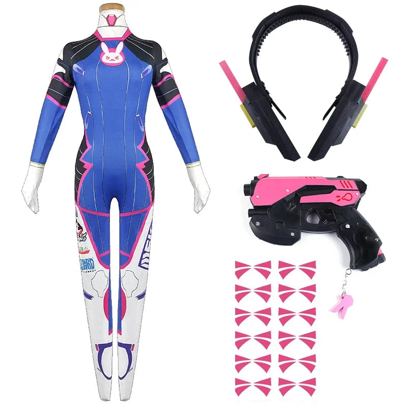 Overwatch DVa Meka Pilot Zentai Jumpsuit Cosplay Costume Set with Wig Headphones and Gun Props 2026